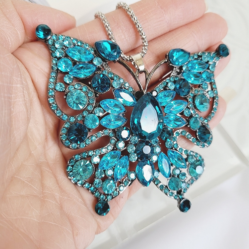 Jumbo Blue Butterfly Crystals Pendant Necklace NWT